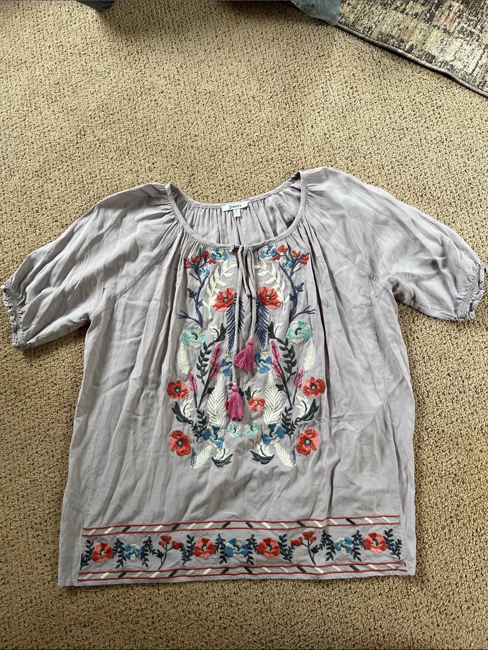 JODIFL Light Gray Embroidered Boho Peasant Blouse